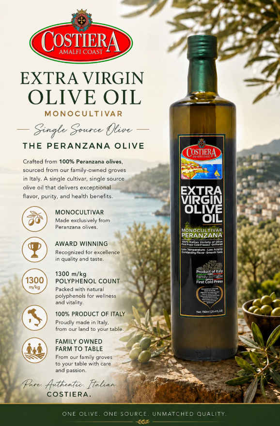 Costiera Monocultivar Extra Virgin Olive Oil 25.4fl.oz (750ml) - Glass Bottle